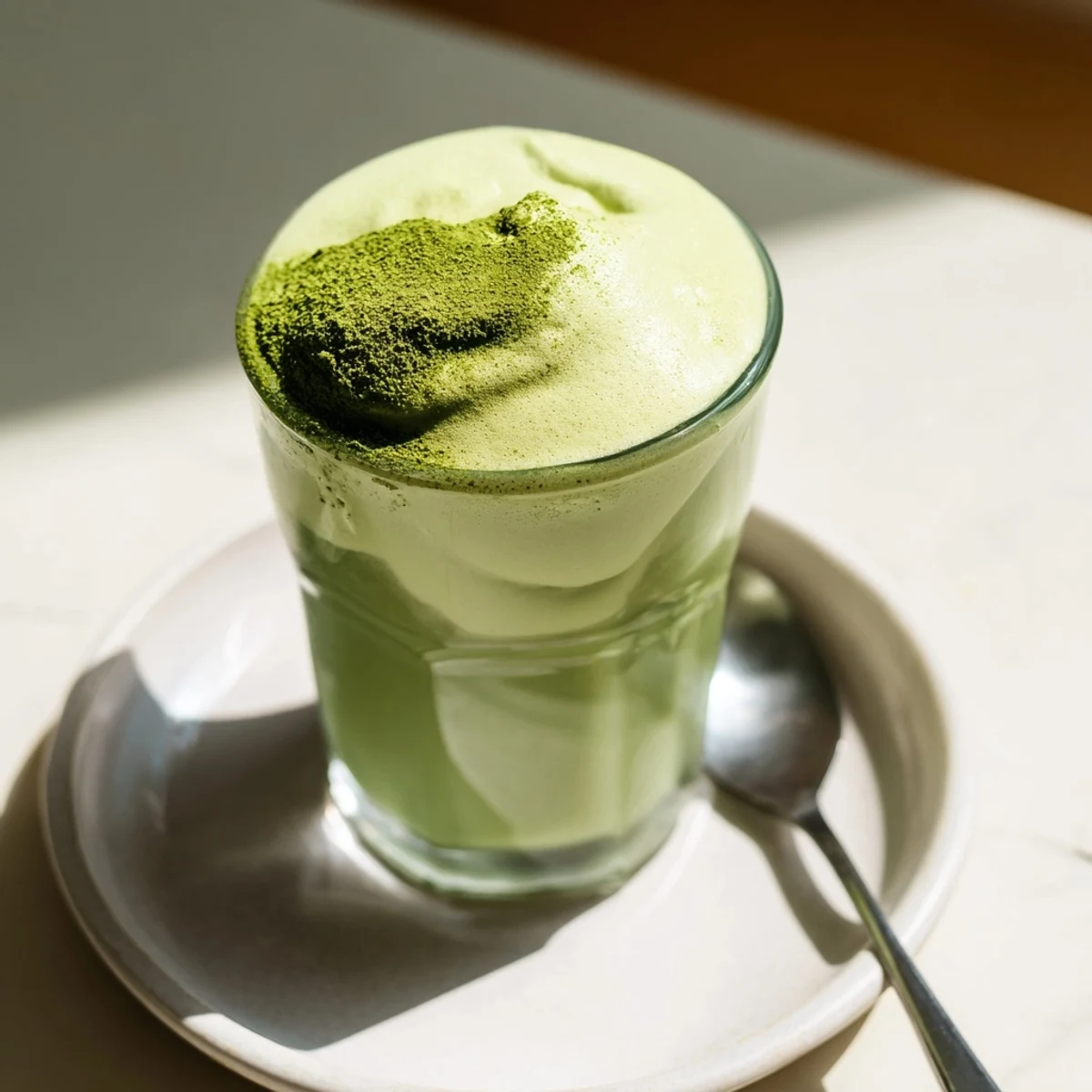 A bright green creamy matcha latte topped with frothy cold foam, perfect for breakfast.