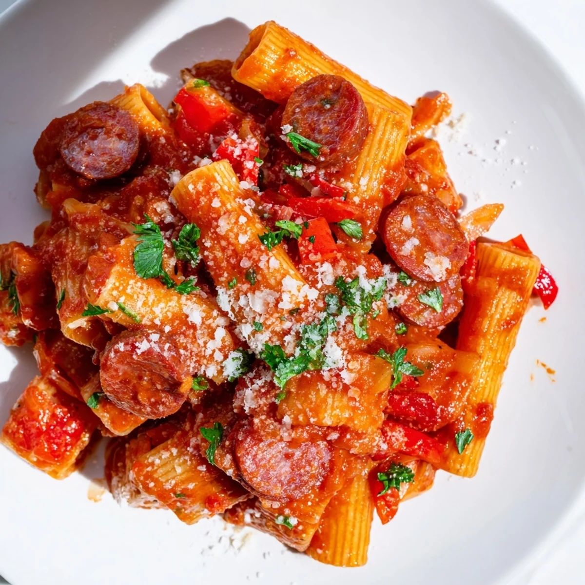 Smoky Spanish chorizo pasta, coated in a vibrant tomato sauce, ready to serve with cheese and parsley.
