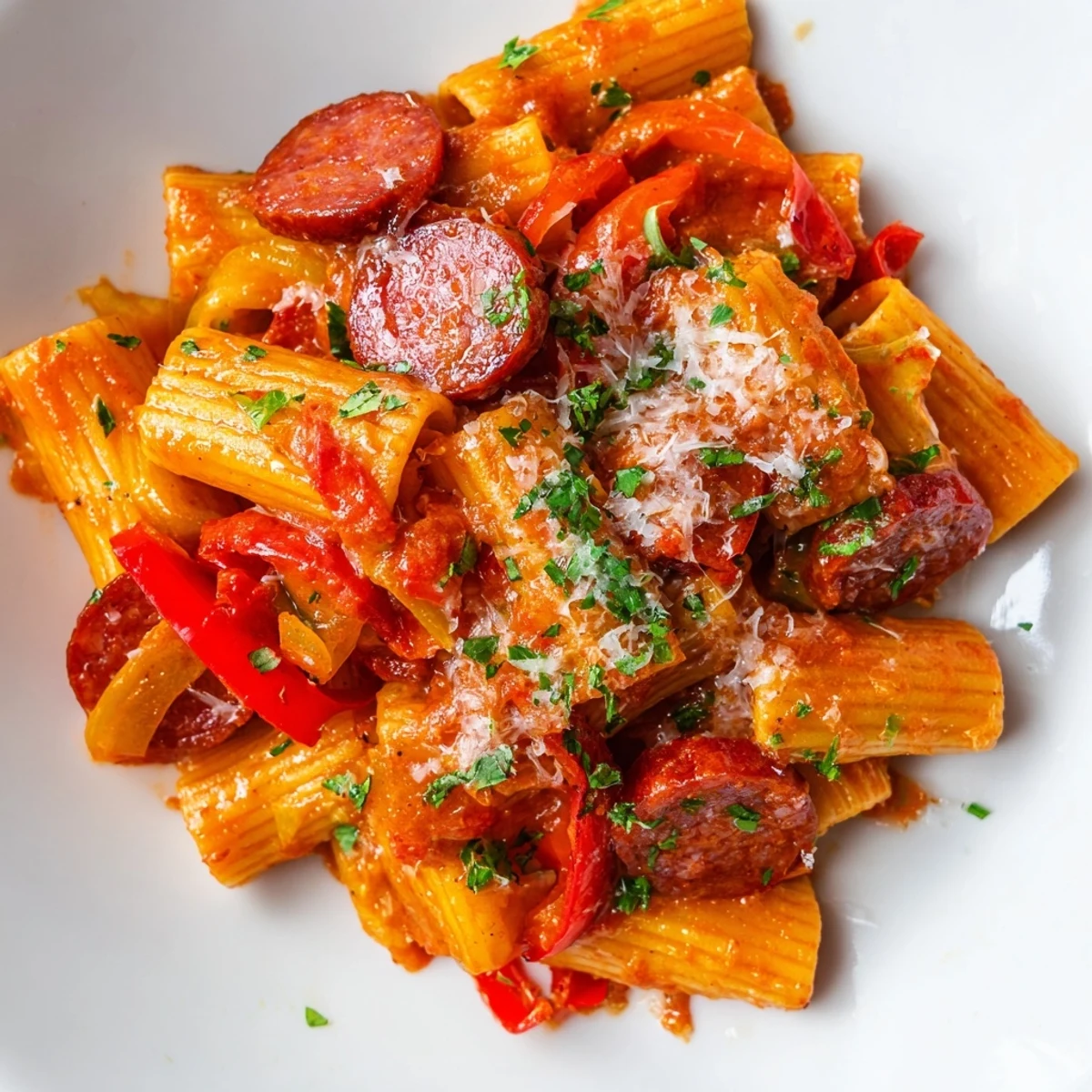 Warm bowl of Spanish chorizo pasta: pasta tossed with spicy sausage, a flavorful Spanish-inspired dinner.