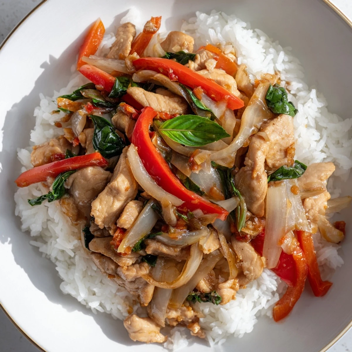 Juicy Thai Basil Chicken Bowls with fresh basil, red peppers, and tender chicken in a savory sauce.
