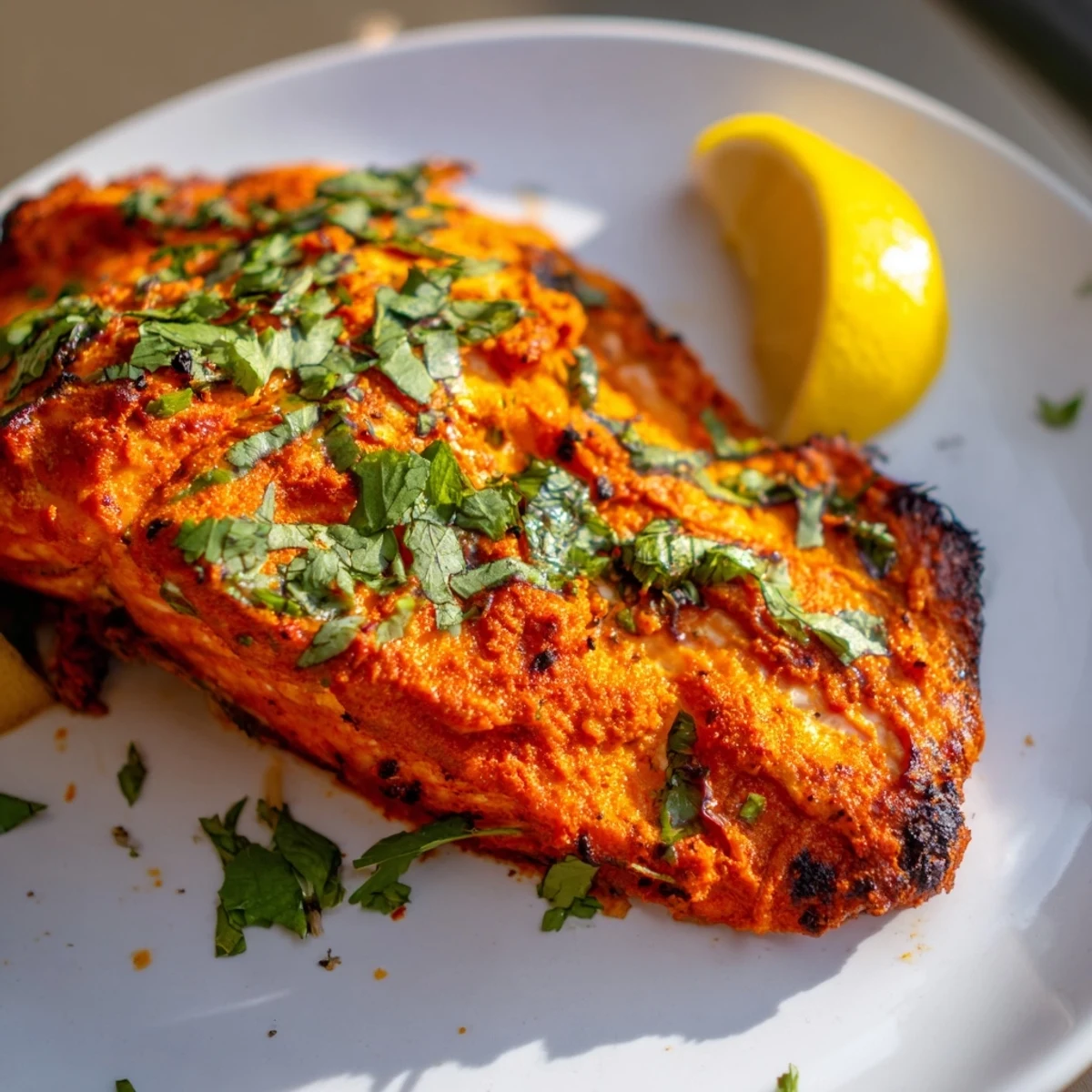 Flaky Indian Tikka Salmon, beautifully roasted, served with fresh cilantro and lemon wedges.