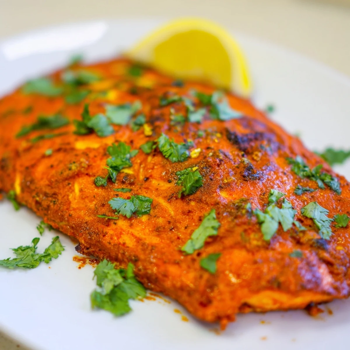 A flavorful Indian Tikka Salmon dish, with vibrant red-orange marinade coating tender salmon.