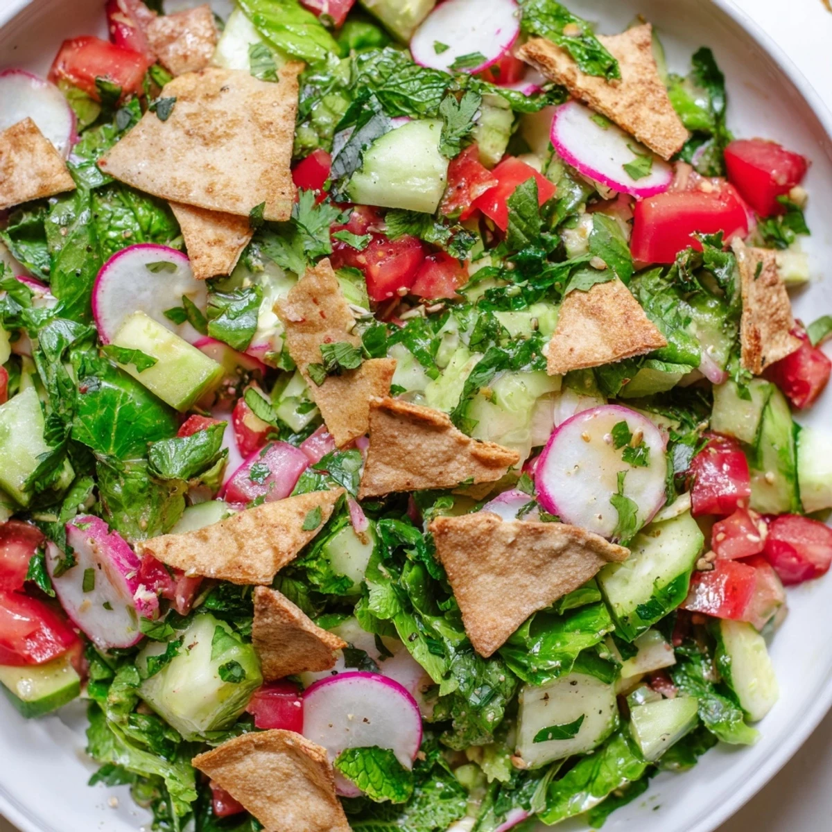 Fresh, colorful Lebanese Fattoush Salad with vibrant vegetables and crunchy pita chips, drizzled with dressing.