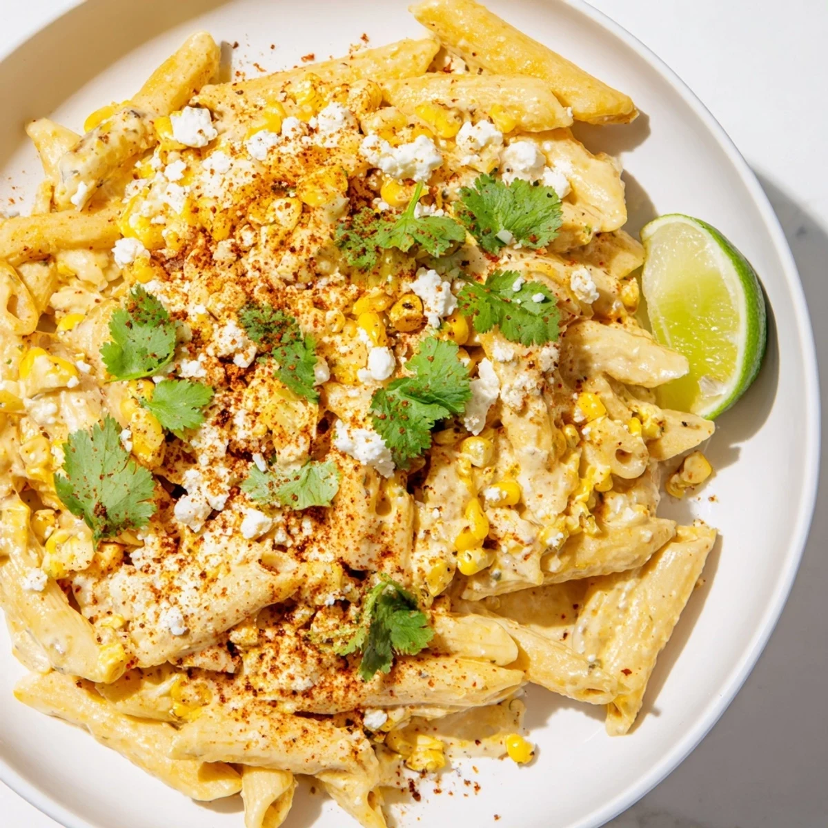 Mexican Street Corn Pasta, featuring creamy sauce and golden corn, ready to be served.