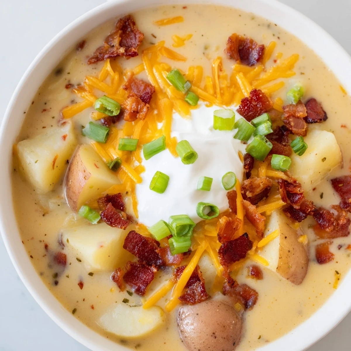 A close-up of creamy loaded baked potato soup topped with crumbled bacon, shredded sharp cheddar, and fresh green onions in a rustic bowl.