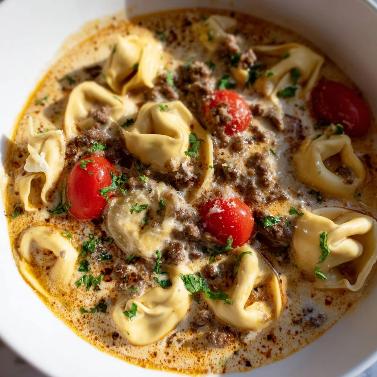 Steaming bowl of hearty Tortellini Beef Soup filled with cheesy tortellini, ground beef, and bright cherry tomatoes in a creamy broth.