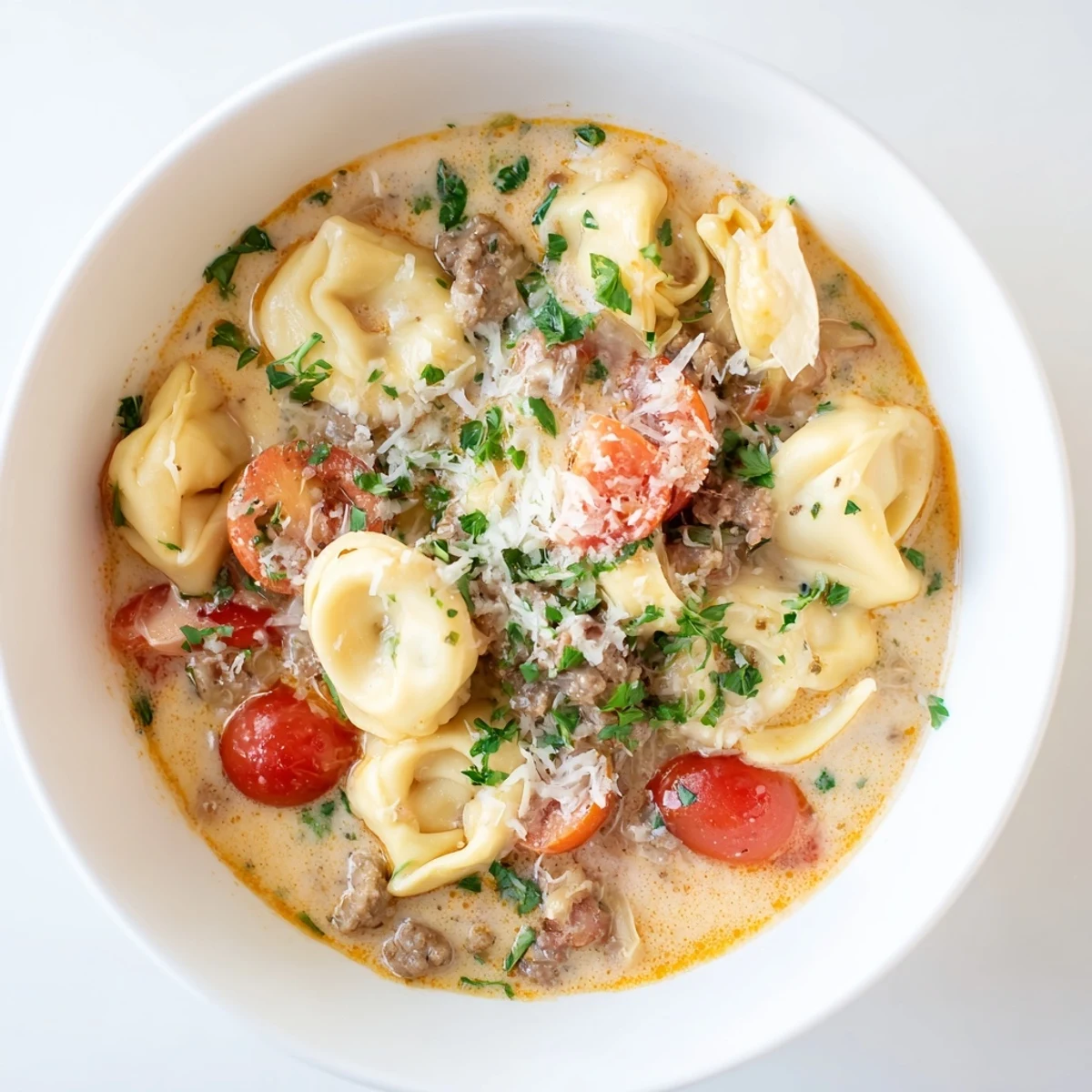 A comforting Italian-American Tortellini Beef Soup with tender pasta, savory beef, and wilted spinach in a rich, creamy tomato broth.