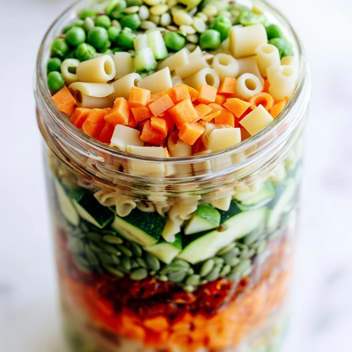 The jar shows a layered Minestrone Soup with colorful vegetables, pasta, and beans ready for boiling water.