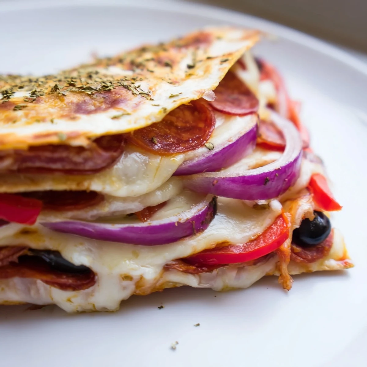 Golden-brown crispy Tortilla Pizza Wrap with melted mozzarella, pepperoni, bell peppers, and fresh basil on a wooden cutting board.
