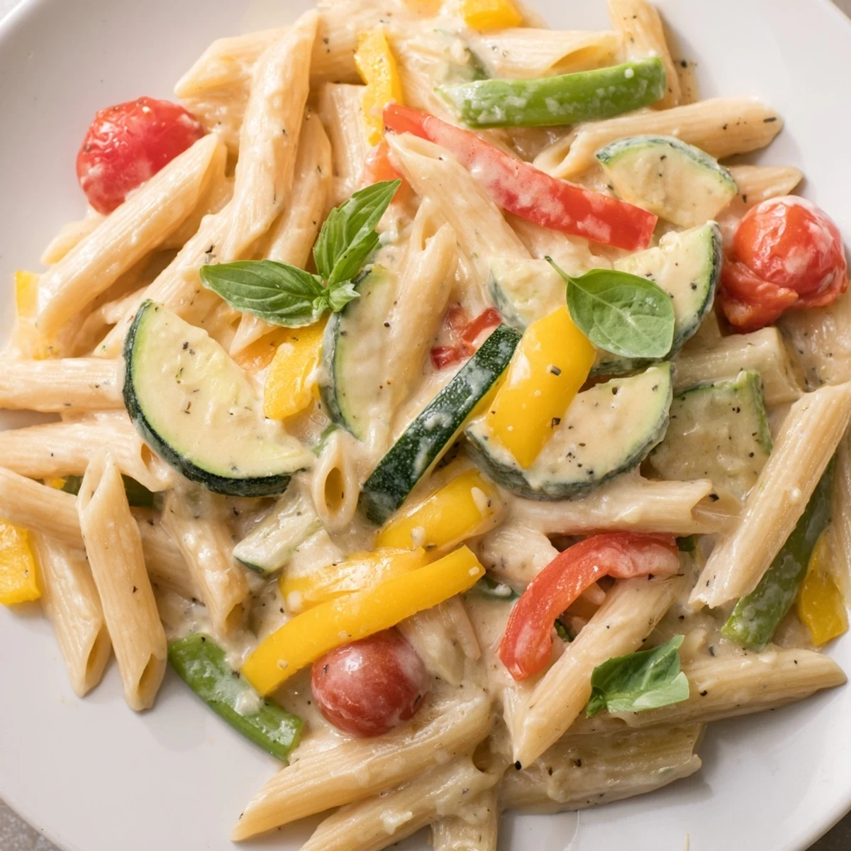 A vibrant One-Pot Creamy Pasta Primavera with colorful bell peppers, zucchini, and cherry tomatoes coated in a rich sauce.