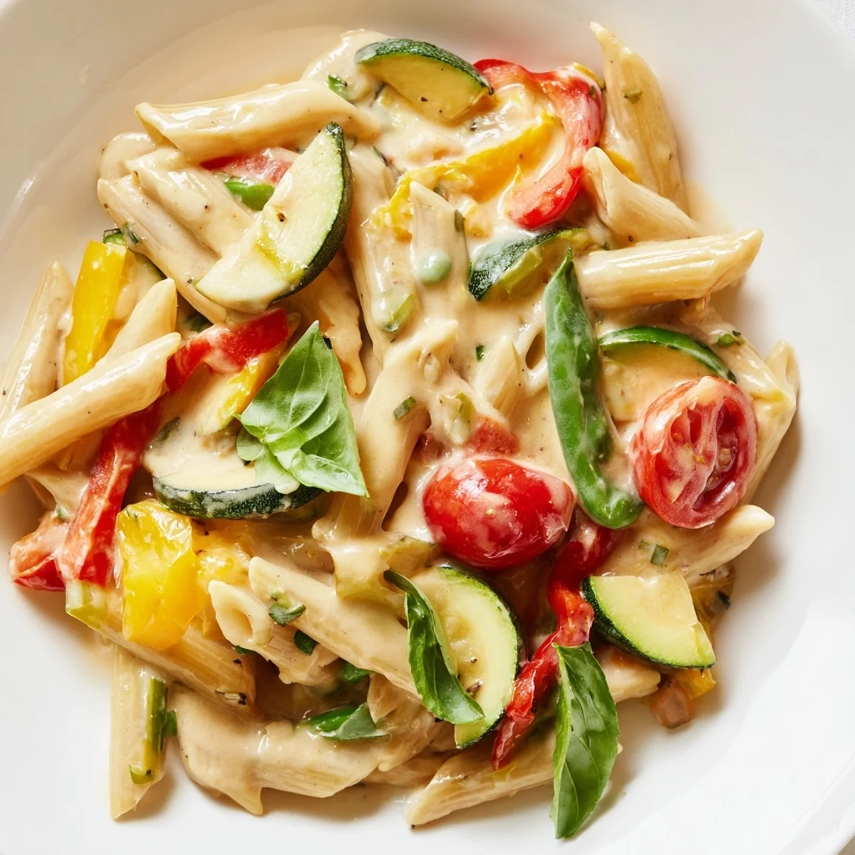 Serving suggestion: One-Pot Creamy Pasta Primavera in a bowl, topped with grated Parmesan and a glass of white wine.