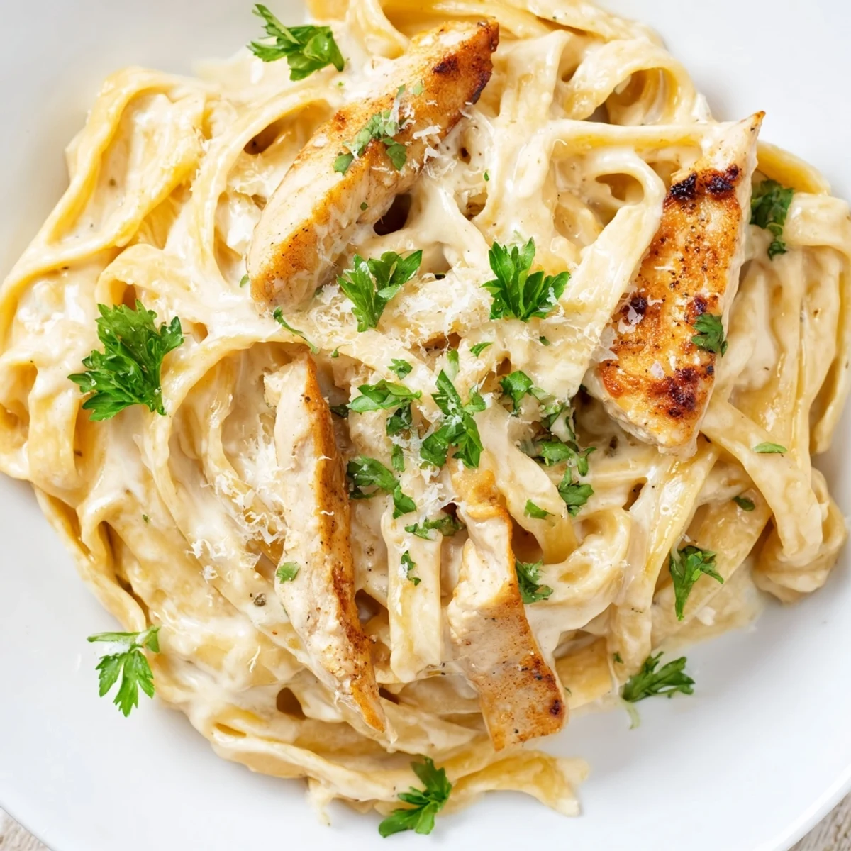Golden skillet chicken Alfredo with creamy sauce, coated pasta, and fresh parsley garnish on a rustic table.