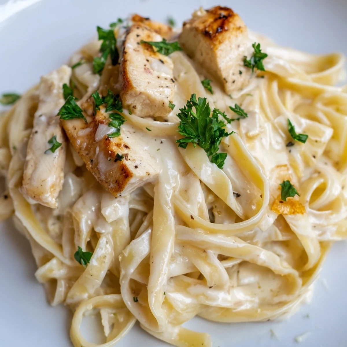 Steaming skillet chicken Alfredo features al dente fettuccine, rich cream sauce, and garnished parsley for a comforting meal.