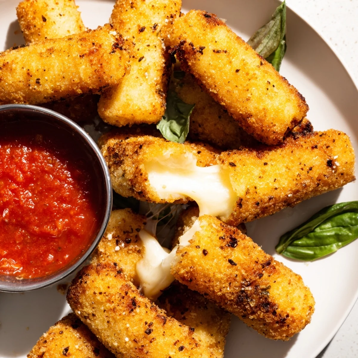 Quick air fryer mozzarella sticks snack with crunchy breading and melted mozzarella center for appetizers.