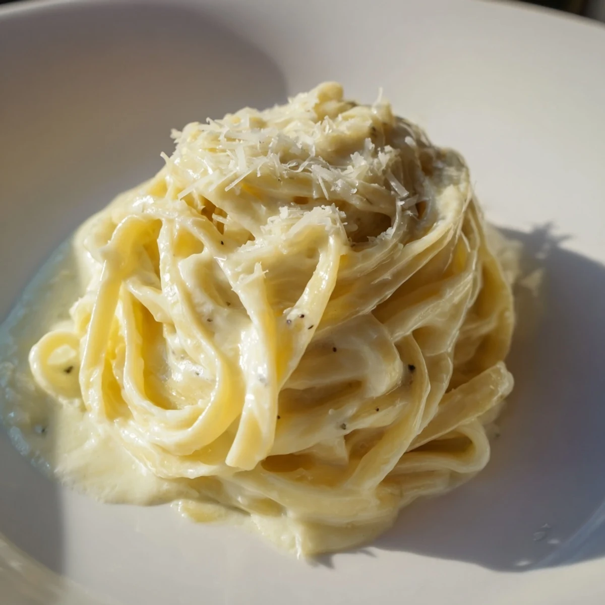 A close-up of creamy Roasted Garlic Cream Pasta twirled around a fork, showcasing the velvety sauce coating each strand.  