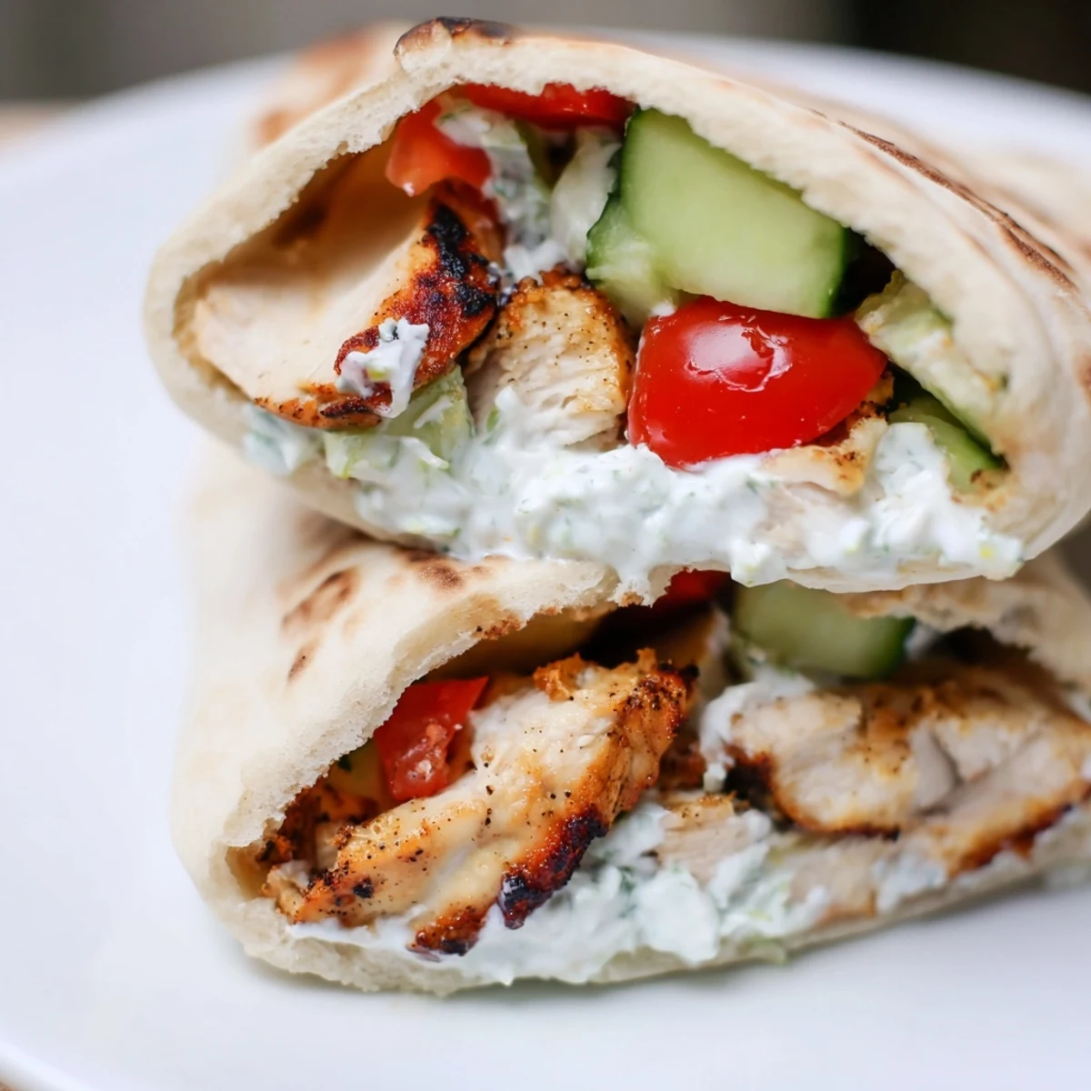 Juicy grilled chicken wrapped in pita with fresh cucumber, ripe tomatoes, and a dollop of homemade tzatziki sauce.
