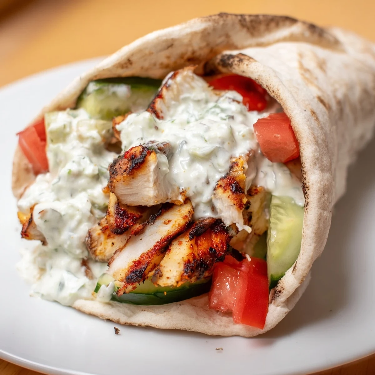 A close-up of a freshly assembled Greek Chicken Wrap with vibrant vegetables and grilled meat, perfect for a Mediterranean lunch.  