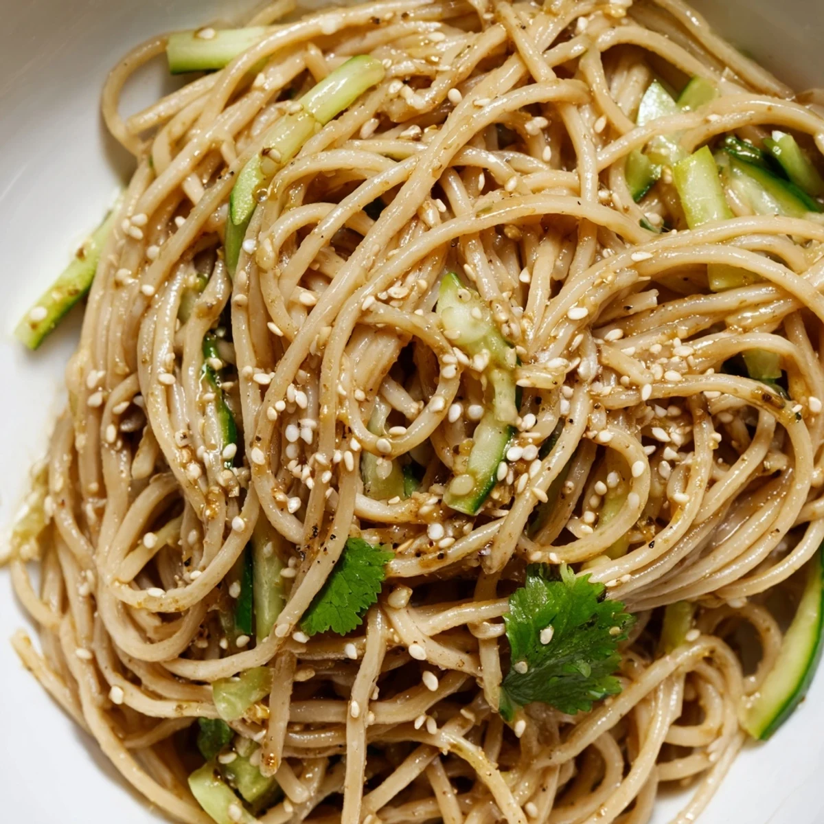 A close-up of Spicy Sesame Noodle Salad with glistening noodles, crisp cucumber ribbons, and toasted sesame seeds.