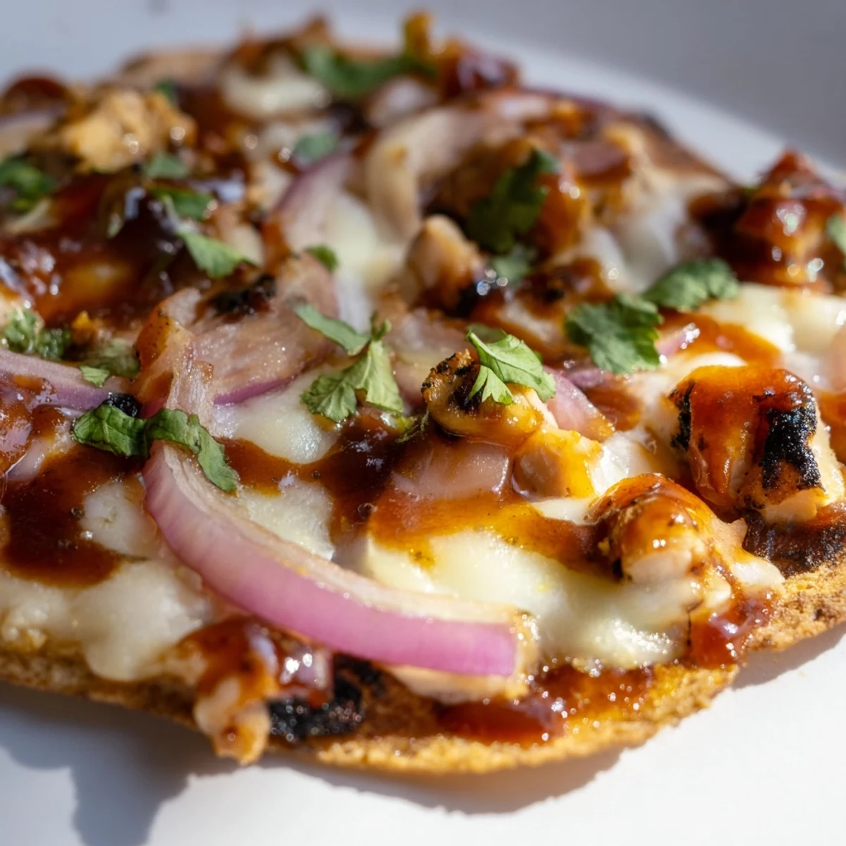 Freshly baked BBQ Chicken Flatbread with melted mozzarella, grilled chicken, and red onion on a crisp crust.