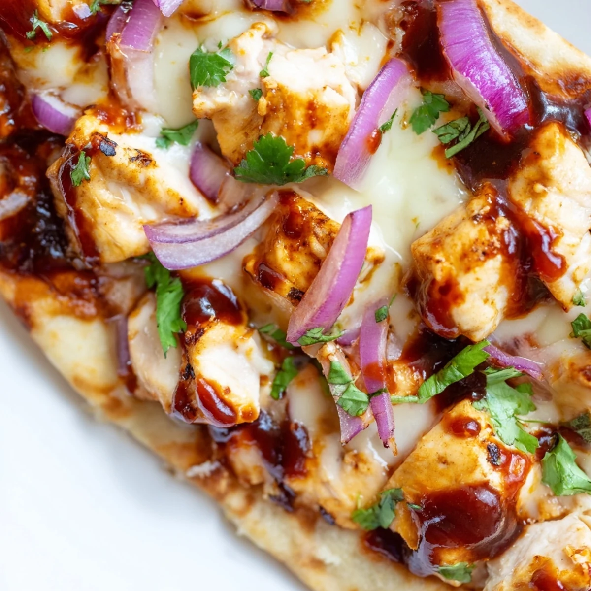 Cheesy BBQ Chicken Flatbread fresh from the oven, served on a rustic board with scattered red onions.