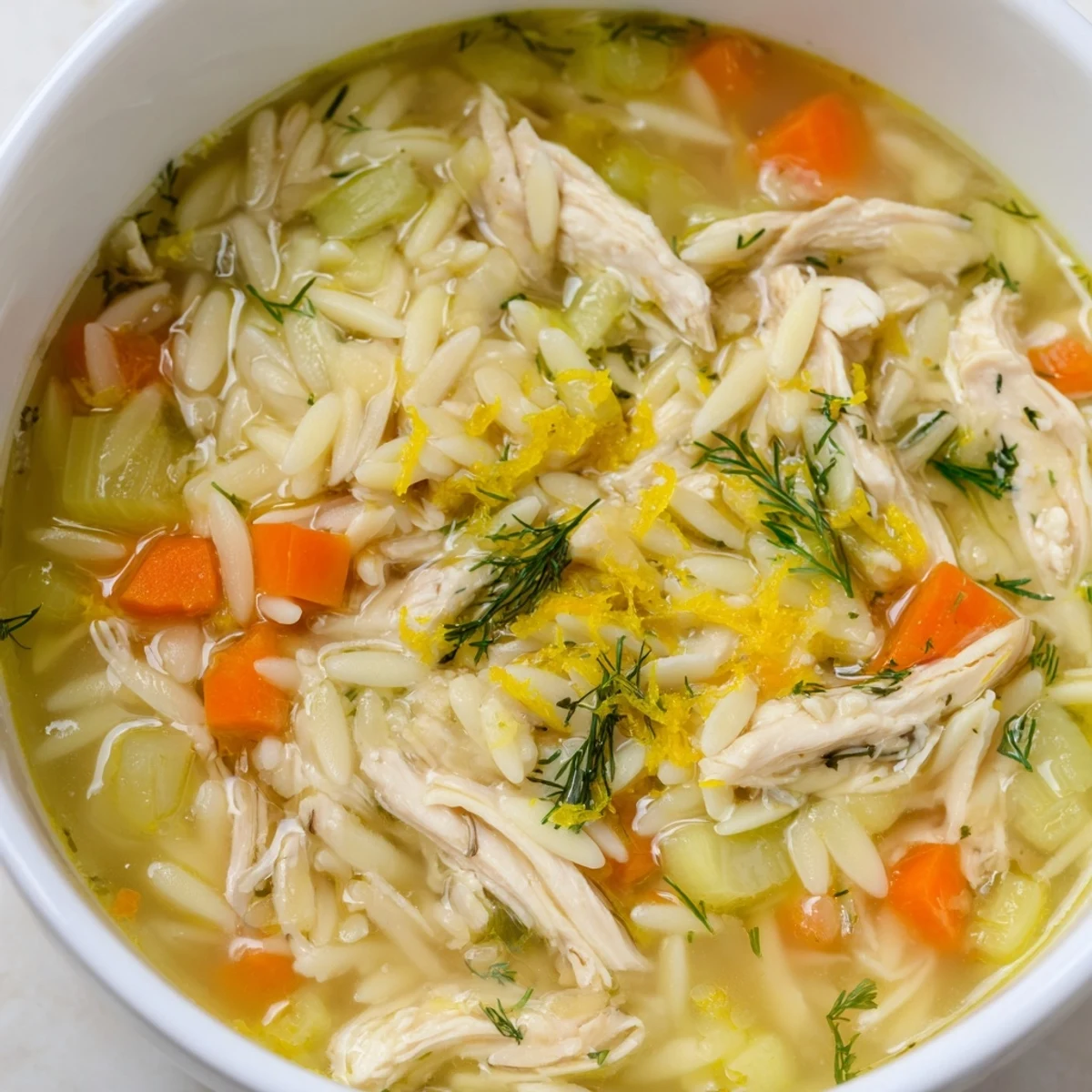 Hearty Chicken Lemon Orzo Soup simmering in a rustic pot, showcasing tender chicken, diced carrots, and delicate orzo pasta.