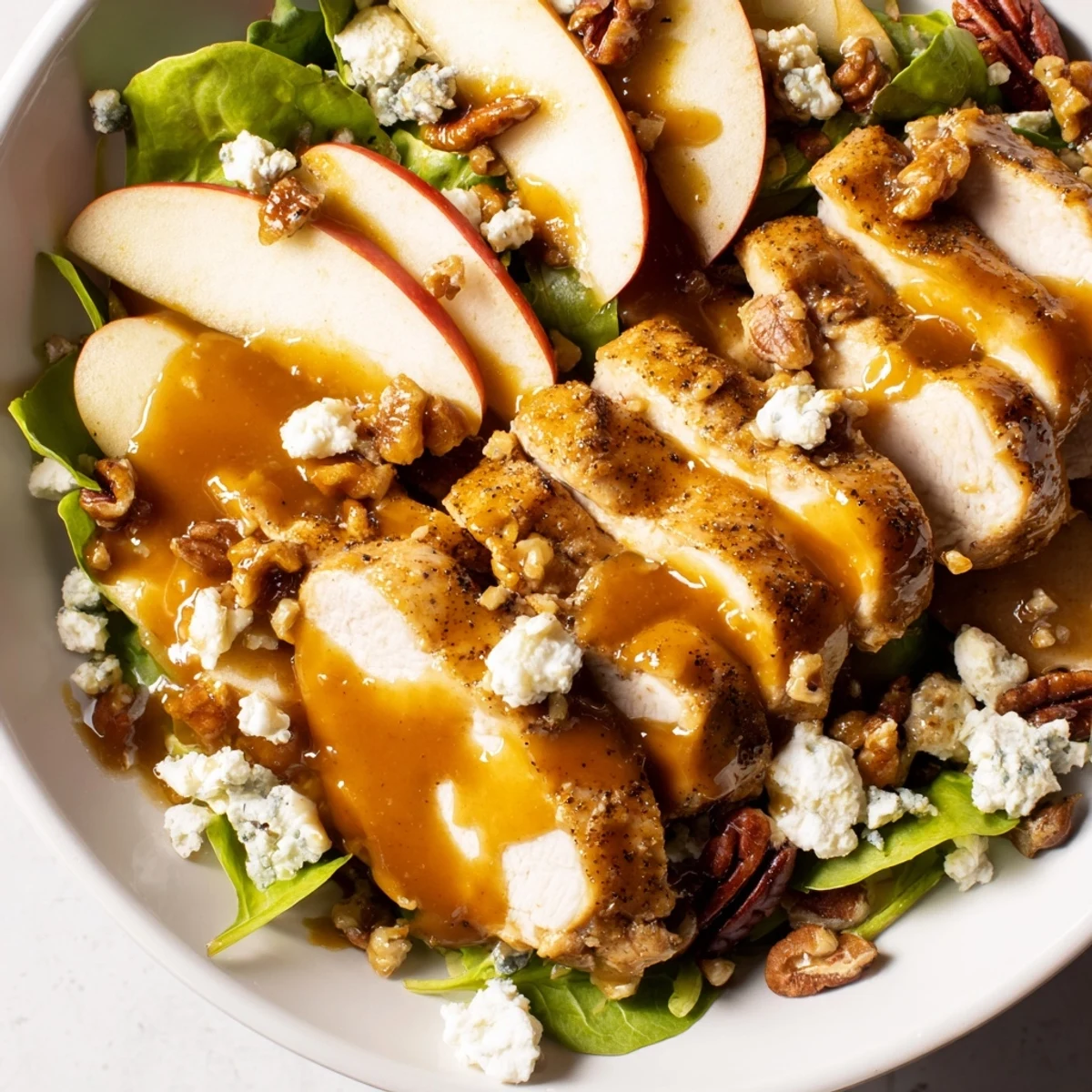 Autumn Caramel Apple Chicken Salad with mixed greens, tender chicken, sliced apples, and candied pecans, drizzled with caramel dressing.