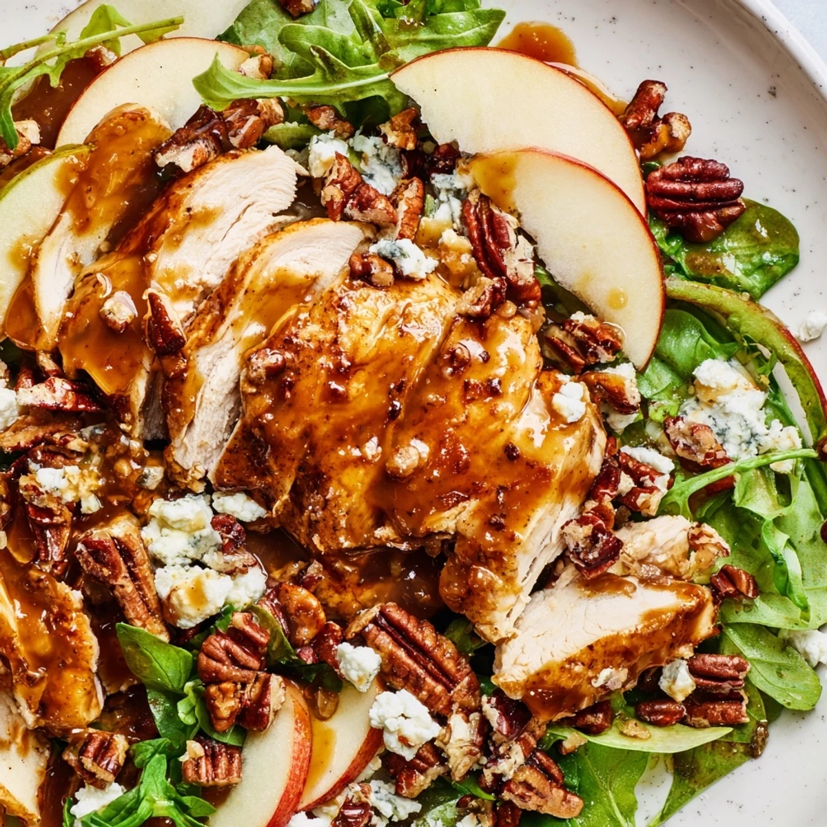 Caramel Apple Chicken Salad features crisp apples, savory chicken, feta, and pecans tossed in a sweet, buttery caramel-pecan dressing.