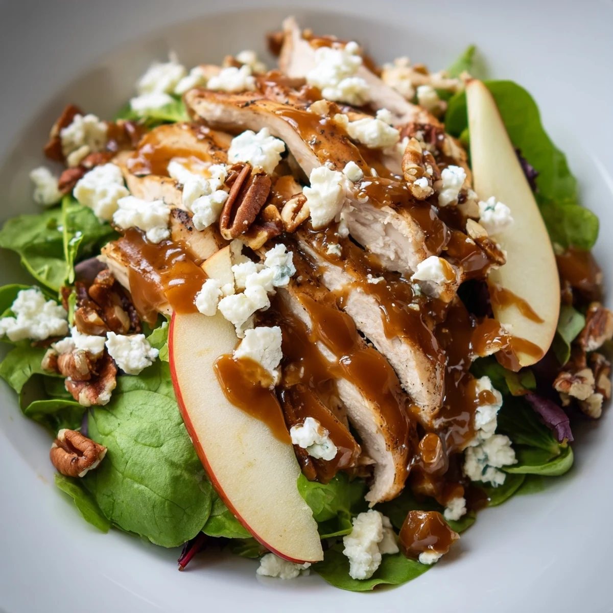 Hearty Caramel Apple Chicken Salad served on mixed greens with red onion and cranberries, ready for an easy gluten-free dinner.