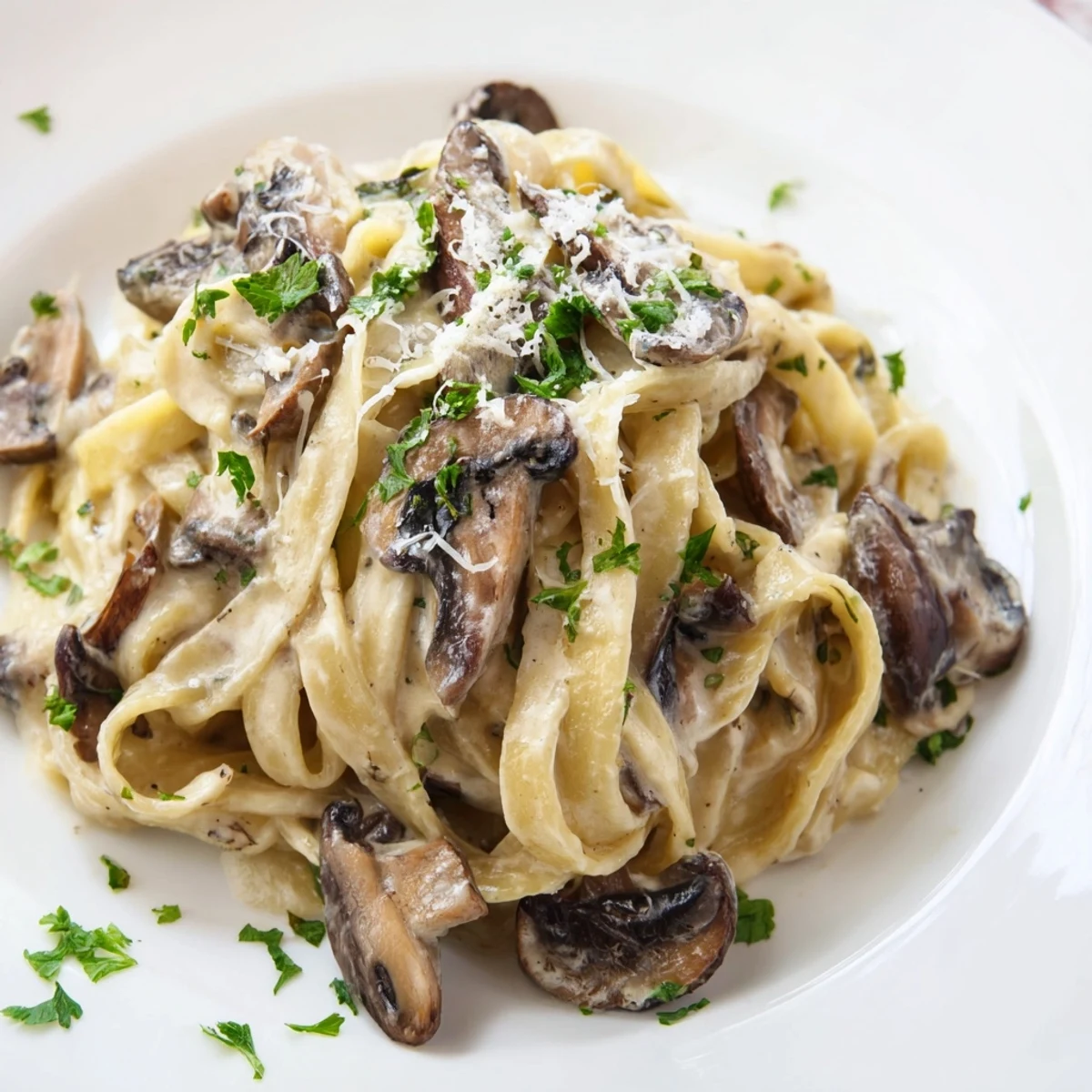 Golden, creamy mushroom Alfredo pasta served in a white bowl, garnished with fresh parsley and extra Parmesan.  