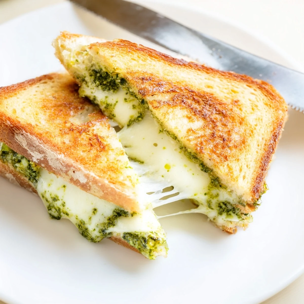Close-up of a golden, crispy Spinach Pesto Grilled Cheese sandwich sliced diagonally, revealing layers of melted mozzarella and cheddar with vibrant green spinach pesto spread on sourdough.