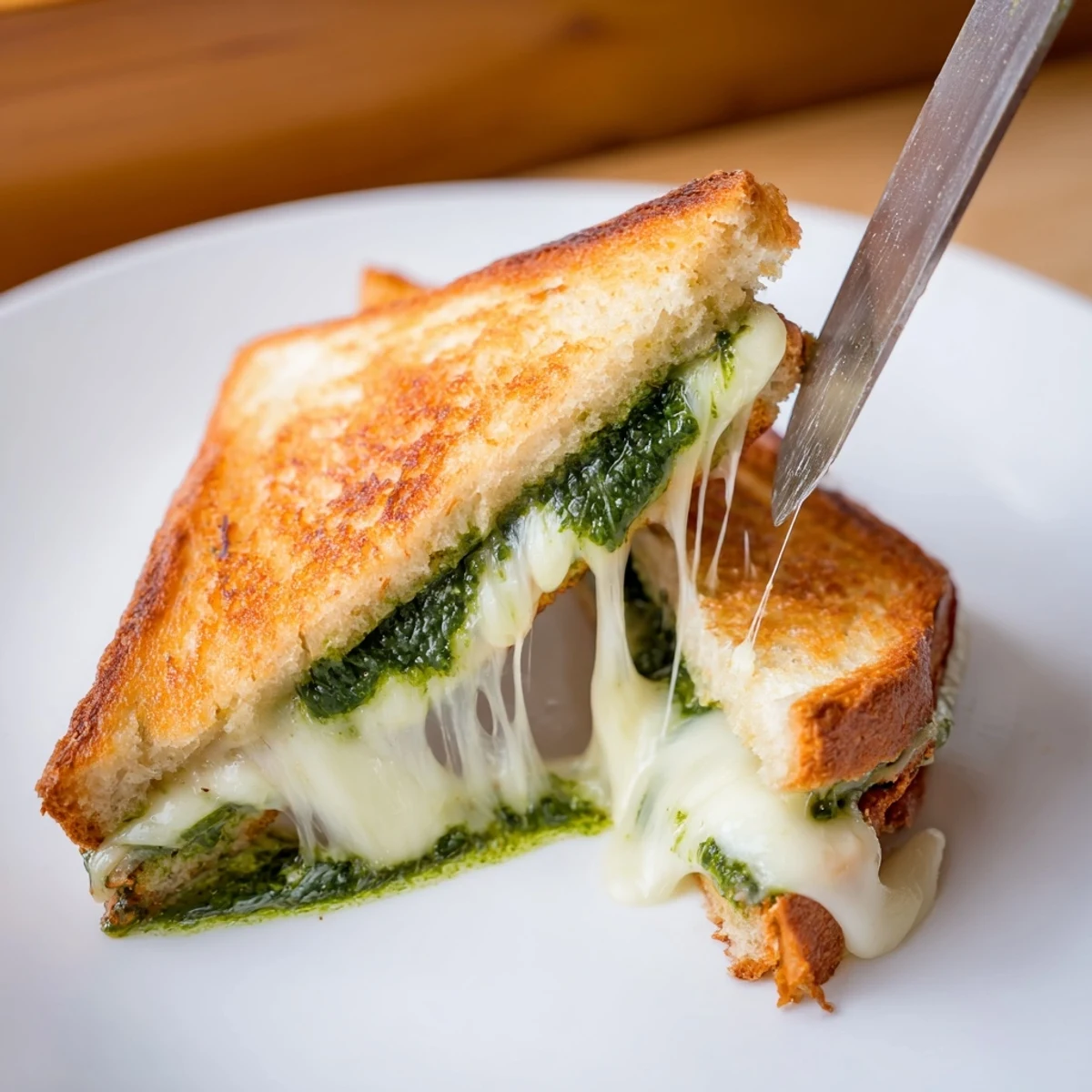 Two warm Spinach Pesto Grilled Cheese halves stacked, showcasing gooey melted cheese and garlicky pesto on buttery sourdough, perfect for a quick vegetarian lunch.