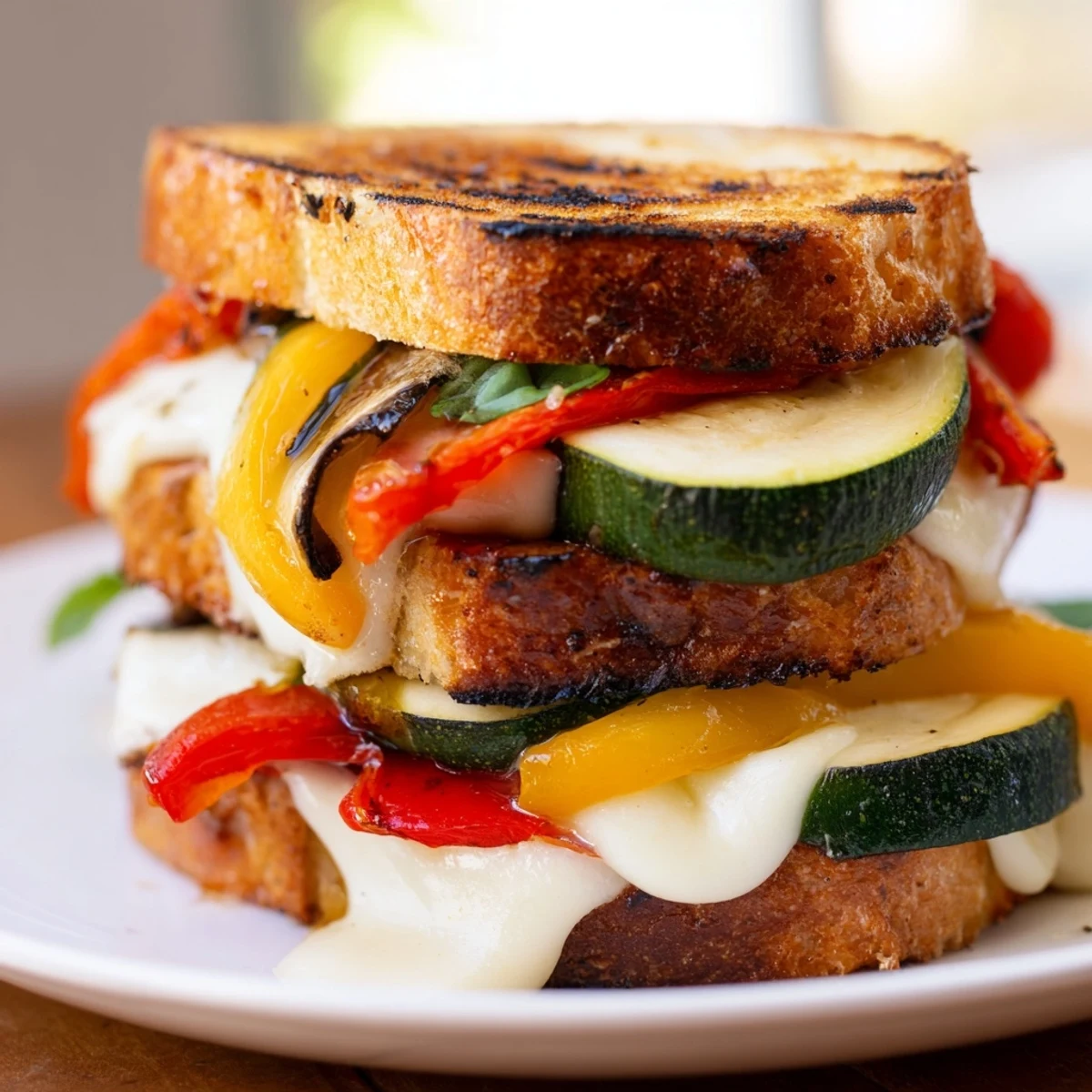 Golden, crispy sourdough slices stuffed with roasted zucchini, red and yellow peppers, melted fresh mozzarella, ripe tomato, and fragrant basil for a vibrant Roasted Veggie Caprese Grilled Cheese.
