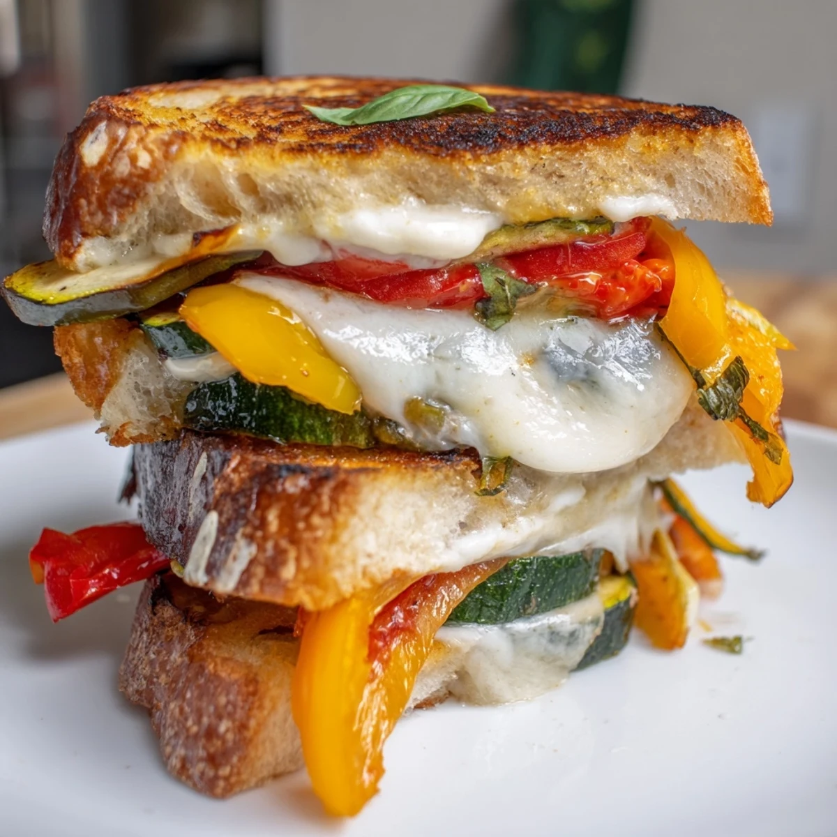 Freshly roasted vegetables and oozy mozzarella peek out from between buttery bread, showcasing the hearty, colorful layers of this vegetarian Roasted Veggie Caprese Grilled Cheese sandwich.