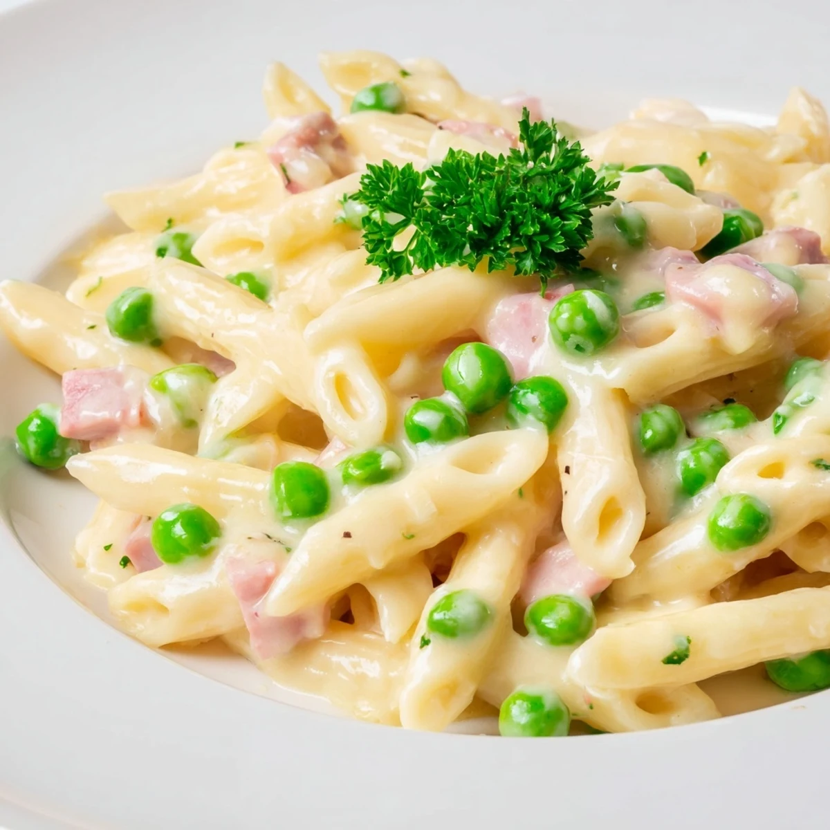 Creamy penne pasta with sweet spring peas, savory diced ham, and a light parmesan sauce, garnished with fresh parsley.