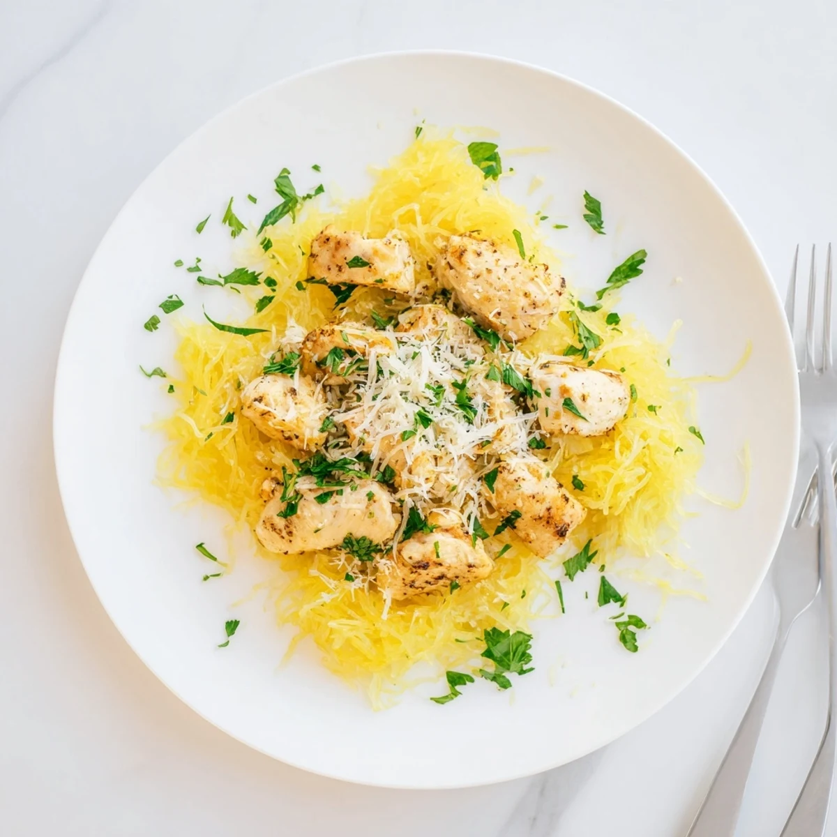 Golden roasted spaghetti squash strands topped with tender lemon garlic chicken, finished with fresh parsley and grated Parmesan cheese.