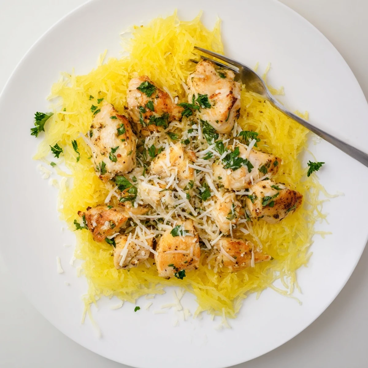 Zesty lemon and savory garlic chicken pieces glisten over a bed of fluffy spaghetti squash noodles, served with lemon wedges on the side.