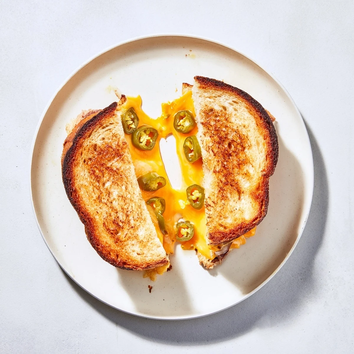 A close-up of a golden brown jalapeño pepper jack grilled cheese sandwich, revealing melted pepper jack cheese and tangy pickled jalapeños on buttery sourdough.  