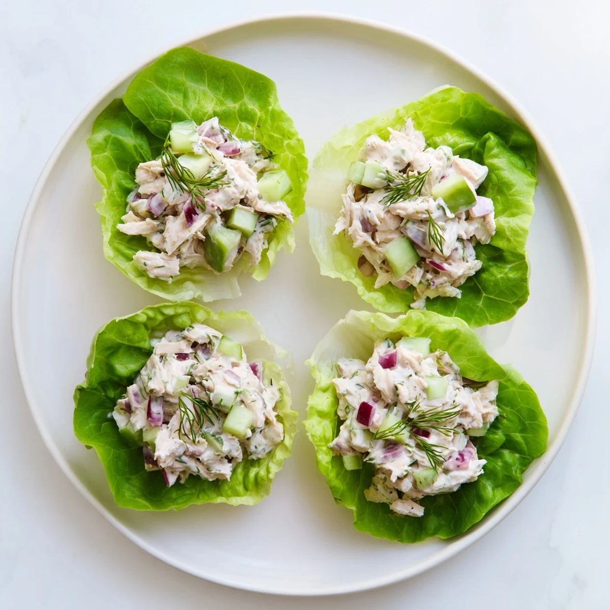 Chilled dill pickle chicken salad nestled in crisp butter lettuce cups, garnished with fresh dill.  