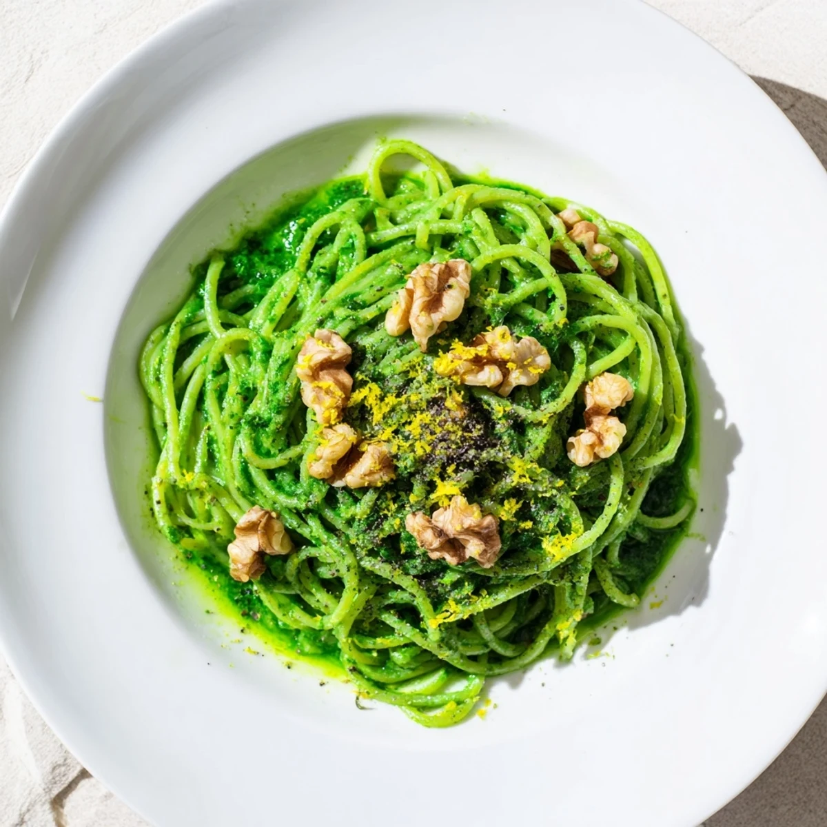 A close-up of Creamy Spinach Walnut Pasta, highlighting the velvety, vibrant green spinach sauce clinging to each penne noodle, with a sprinkle of black pepper.