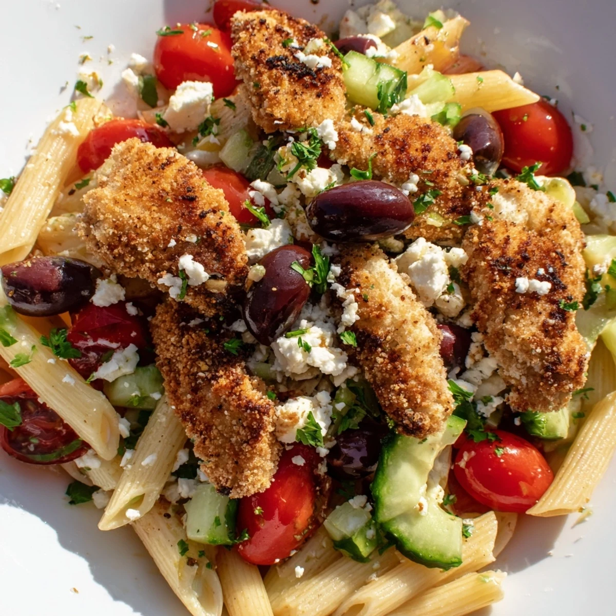 Golden crispy chicken bites atop penne pasta tossed with cucumbers, tomatoes, and feta in a zesty Greek dressing.  