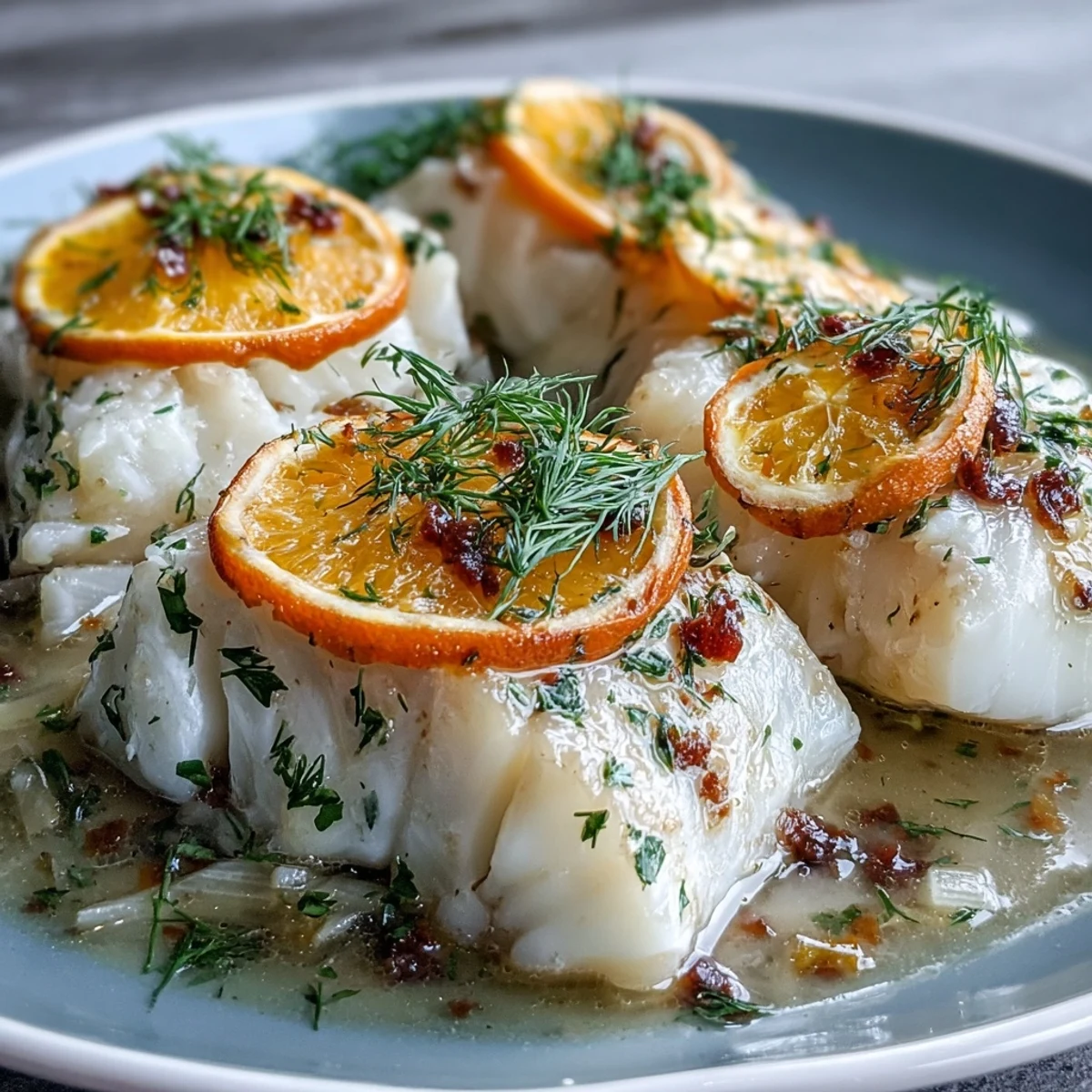 Brightly poached cod fillets with aromatic fennel and sweet orange slices, served in a fragrant broth for a Mediterranean-inspired main dish.