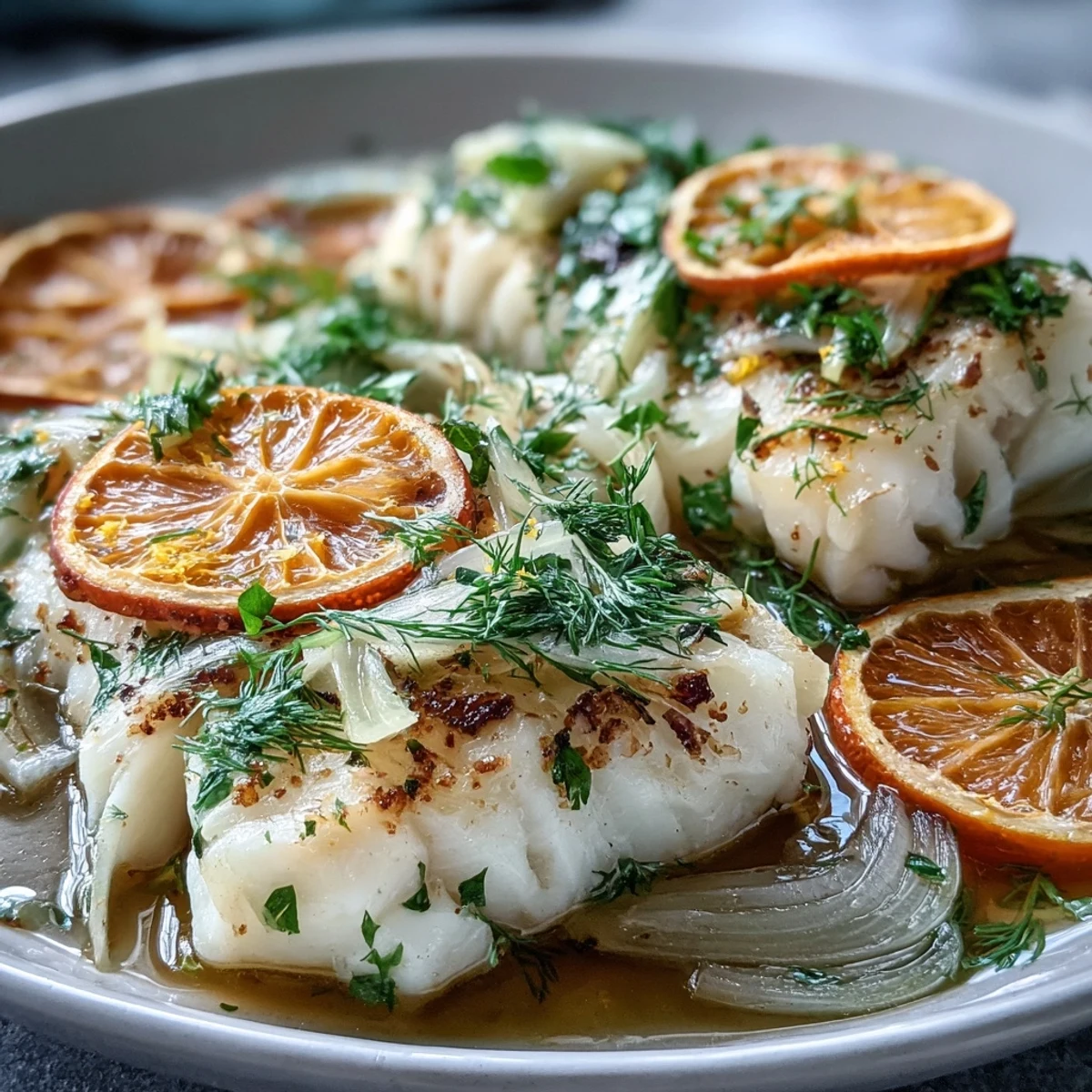 Tender white fish gently simmered in citrus-infused liquid, garnished with fresh fennel fronds on a clean white plate.
