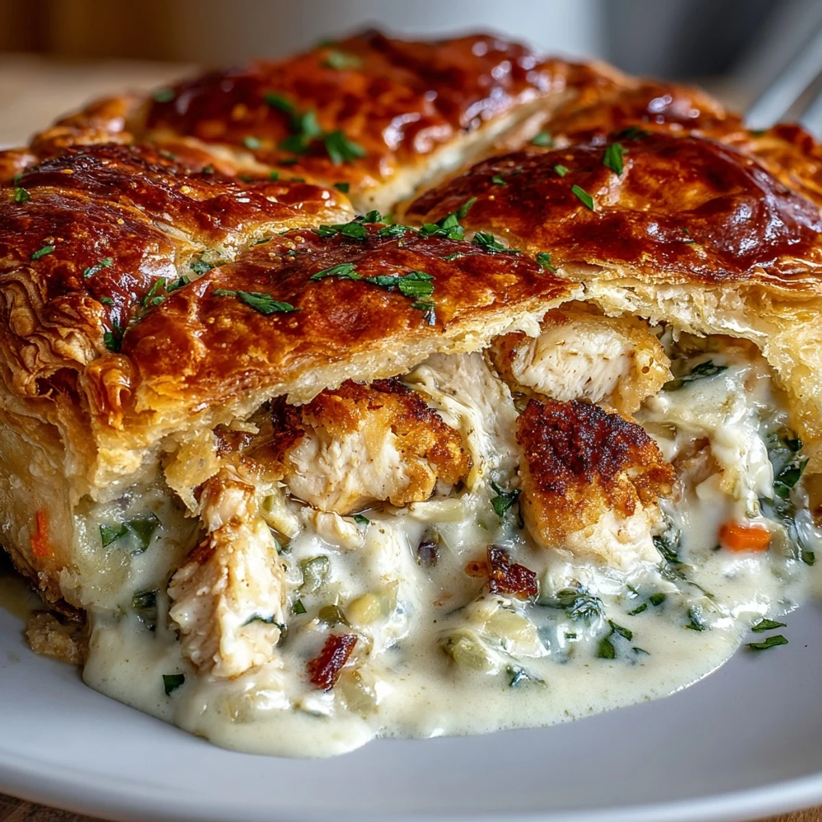 The golden, flaky pastry crust of this Chicken and Leek Pie reveals a rich filling of tender chicken, creamy herb sauce, and sautéed leeks.  