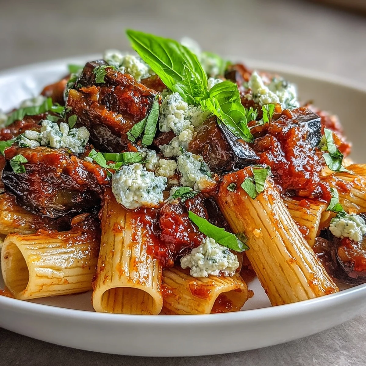 Fresh basil leaves garnish a steaming bowl of Pasta Alla Norma, ready to be paired with a crisp glass of white wine.