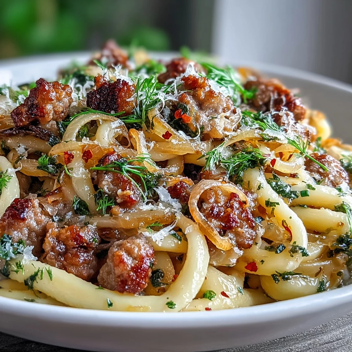 Warm winter pasta with sausage and fennel, garnished with fresh herbs.