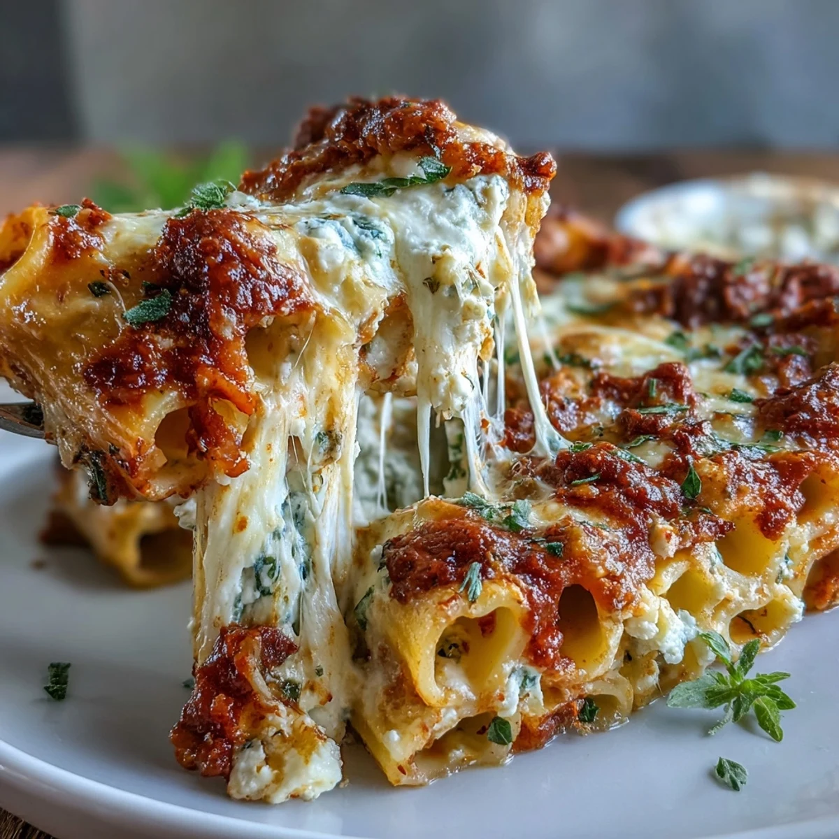 Golden baked ziti with bubbling mozzarella and rich tomato sauce, ready to serve family-style.  