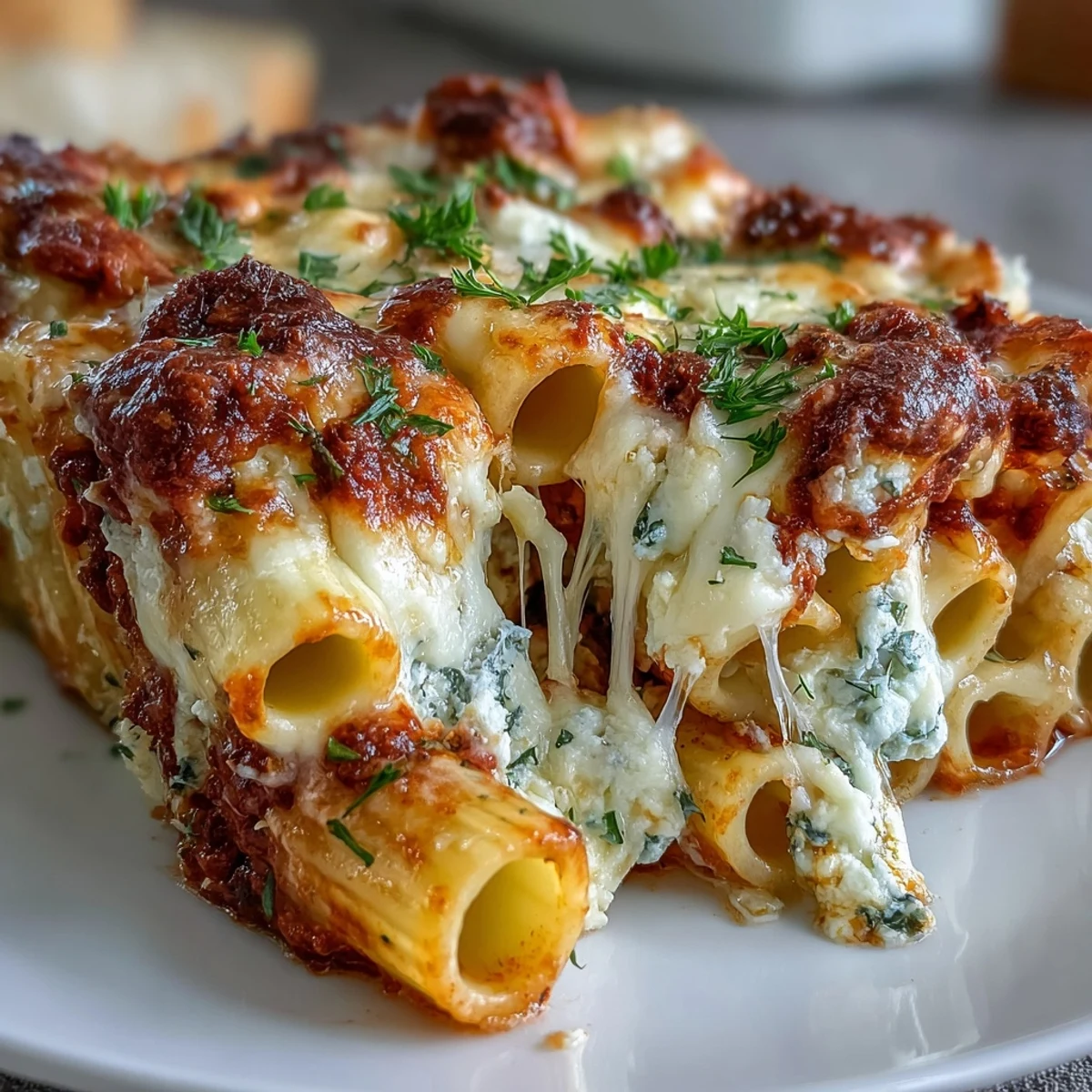 Freshly baked freezer make-ahead ziti reveals creamy ricotta layers and golden mozzarella topping.  