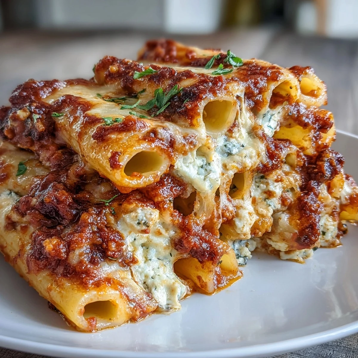 Hearty freezer make-ahead baked ziti with melted mozzarella and rich tomato sauce, served hot.