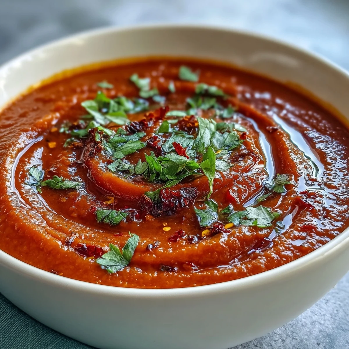 Silky roasted red pepper soup swirled with crème fraîche and fresh cilantro in a rustic bowl.