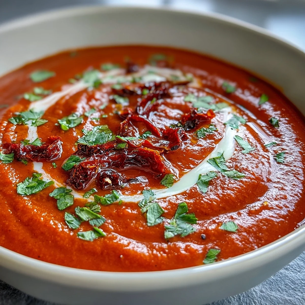 Vibrant roasted red pepper soup served with crusty bread for dipping on a cozy table.
